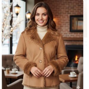 Coldwater Creek Suede Jacket Genuine Brown Leather Shaggy Faux Fur Lining Size M